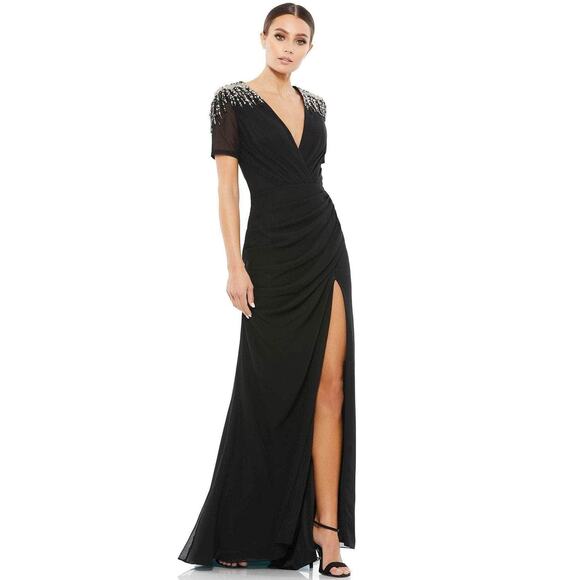 Ieena for Mac Duggal 55704 Beaded Shoulder Ruched Dress High Slit Black Size 4 - Picture 2 of 15